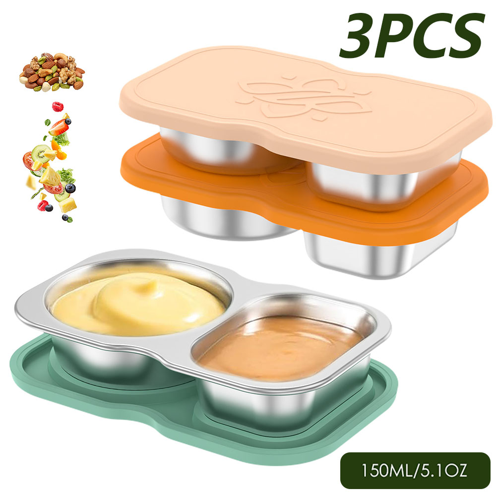 Snack Container Travel - 3 ชิ้น 150 มล. ภาชนะใส่เครื่องปรุงรสแบบสองช่องสแตนเลสพร้อมฝาปิดภาชนะใส่ของว่างแบบพกพาสำหรับการเดินทาง