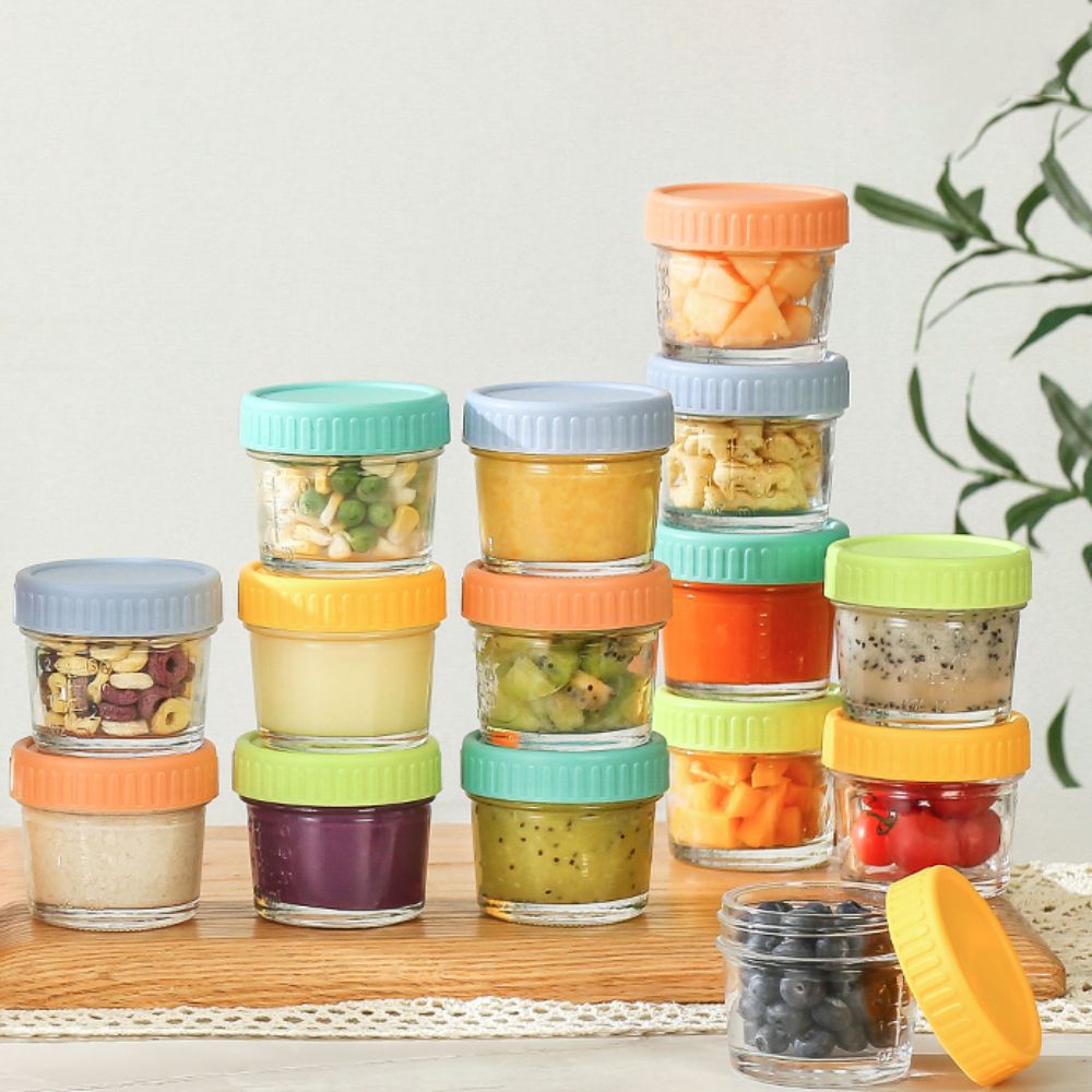 Baby Food Jars With Lids - ขวดแก้วใส่อาหารเด็กแบบใช้ซ้ำได้ 6 ชิ้น พร้อมฝาปิด ถ้วยน้ำจิ้มกันรั่ว มีสเกล
