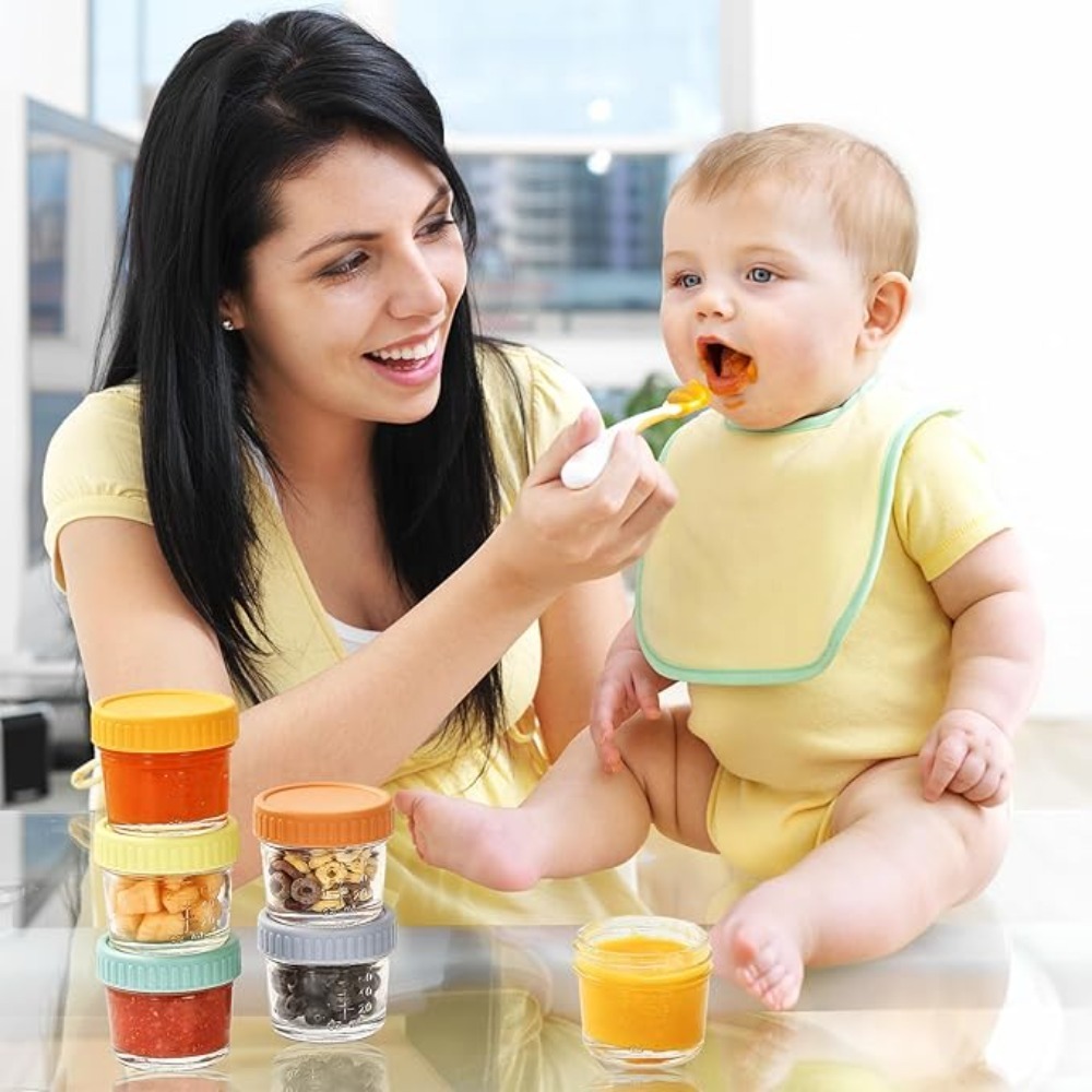 Baby Food Jars With Lids - ขวดแก้วใส่อาหารเด็ก 6 ชิ้น ใช้ซ้ำได้ พร้อมสเกล ถ้วยใส่น้ำจิ้ม