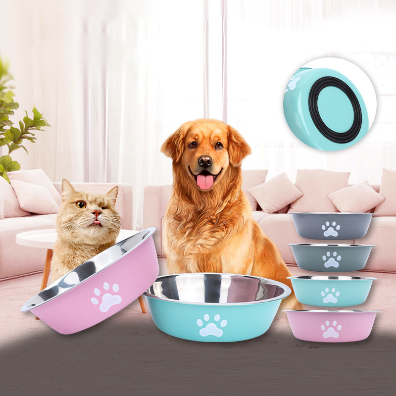 Baby Food Cat - ใหม่สแตนเลสสตีลอ่างล้างหน้าสุนัข PAW พิมพ์อุปกรณ์สําหรับสัตว์เลี้ยงแมวชามสุนัขชามซิลิโคน Anti-SLIP Design สัตว์เลี้ยงดื่มน้ําชามให้อาหาร