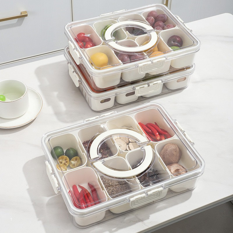 Snack Container Travel - กล่องใส่ขนมแบบใส 8/4 ช่อง พร้อมฝาและหูหิ้ว ใช้กับเครื่องล้างจานและไมโครเวฟได้ พกพาสะดวก